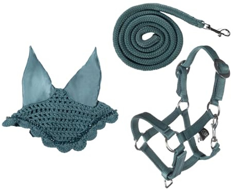 Brama West HKM Hobby Horse Set – Halfter mit Strick & Fliegenhaube aus der HKM Premium Serie – Perfekt für Hobby Horsing & Turniere - Türkis