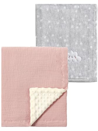 CREVENT 2 Stück 75x100 cm Kuschelige weiche warme Babydecke für Säuglinge und Kleinkinder Kinderbett Bettwagen - Graue Wolke + Musselin Rosa