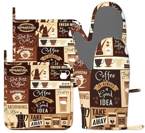 Brown Coffee Oven Gloves Silicone Oven Mitts and Pot Holders Sets of 4, Vintage Kitchen Gloves Hot Holders for Kitchen Baking Cooking Housewarming Gifts