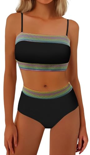 Bikini bandeau de 2 piezas para mujer, traje de baño de bloque de color 2025, verano, hombros descubiertos, traje de baño de cintura alta, Negro , XL