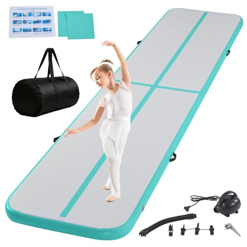 LSBIKE 3/4/5/6M Air Track Tumbling Matte Yogalmatte Mit Elektrischer Luftpumpe,Gymnastikmatte Camping Trainingsmatte Turnmatte Für Zuhause,Outdoor,Übungsgymnastik, Rutschfest & Wasserdicht (Grün, 6M)