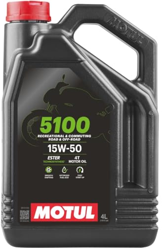 Motul 5100 4T 15W-50 Motorcycle Oil - Technosynthese Semi-Synthetic with Ester - API SP JASO MA2 Wet Clutch Safe - Heavy Duty Engine and Gearbox Protection for Street ATV UTV Adventure Bike 4 L