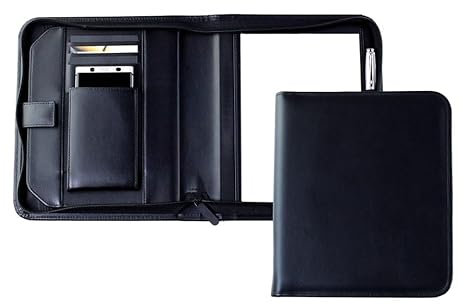 DELMON VARONE - Personalisierbare Tablet und Smartphone Schreibmappe DIN A5 aus Premium Boxcalf Leder schwarz, Organizer Businessmappe mit Notizblock, Stiftschlaufe, Steckfächer und Reißverschluss