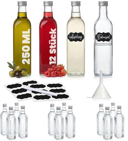 slkfactory 12 bottiglie vetro 250ml – bottigliette di vetro piccole 250 ml – bottiglia vetro 250 ml – per liquore sciroppi olio – tappo a vite – con etichette imbuto matita