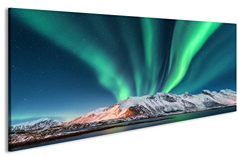 islandburner Bild Bilder auf Leinwand Nordlicht. Lofoten Inseln, Norwegen. Aurora. Grüne Nordlichter. Sternenhimmel mit Polarlichtern. Nachtwinterlandschaft mit Aurora, Meer mit Himmelreflexion