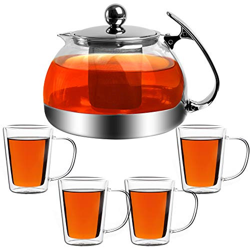 MONZANA® Teekanne mit Siebeinsatz und 4 Gläser 1,2 Liter Hitzebeständig Teesieb Herausnehmbar Glaskanne für losen Tee Edelstahl Deckel Borosilikatglas