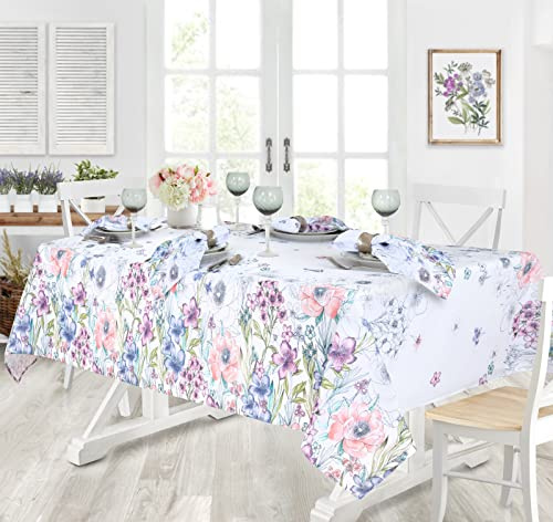 Newbridge Easter Garden Breeze Rectangle Fabric Tablecloth, 60 x 84 Inch, Easy Care and Stain Resistant Fabric Table Cloth for Holiday Party Dining, Sweet Pastel Spring Floral