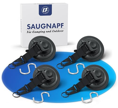 LAINFELD Saugnapf Haken | 4er Set mit Karabinerverschluss und großen Haken | Extra stark | Große Saugnäpfe für Camping, Auto, Balkon | Saughaken
