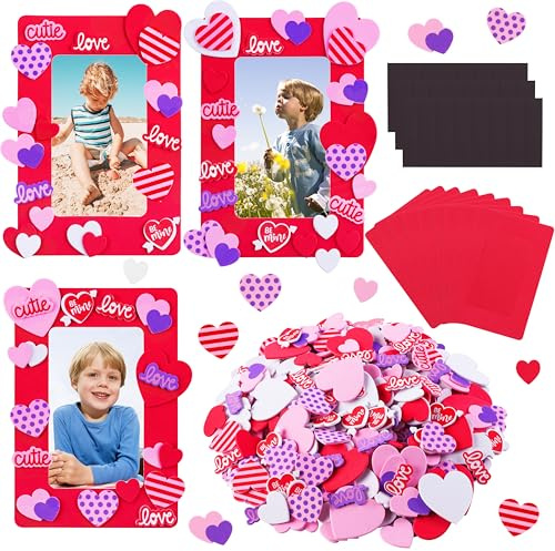 Fovths Valentine Foam Picture Frames DIY Craft Kit, 12 Pieces Foam Photo Frames, 500 Pieces Heart Foam Stickers, 24 Pieces Magnet Craft Stickers for Valentine's Day, Craft Art, Home Decor