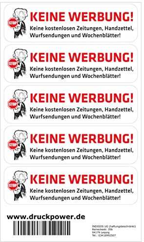 INDIGOS UG Briefkasten Aufkleber - Keine Werbung! - 20 Stück 70x20 mm - Keine kostenlosen Zeitungen, Handzettel, Wurfsendungen und Wochenzeitungen! - selbstklebend - lustig