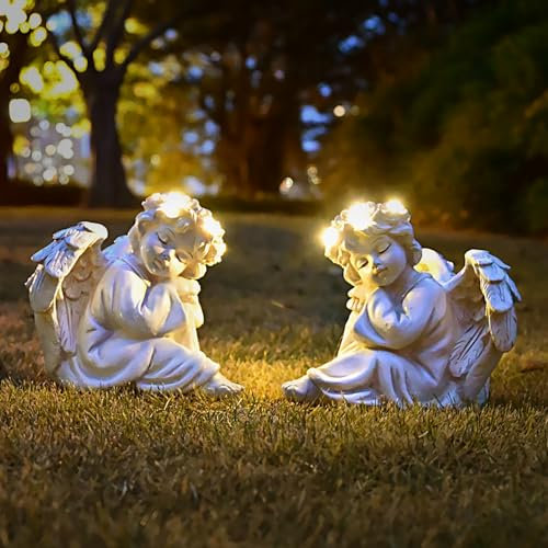Juliahestia Statue d'ange pour décoration de jardin à énergie solaire pour extérieur, patio, chérubin, Noël, cour, porche, maison, pelouse, sculpture commémorative, cadeau pour maman, mère, grand-mère