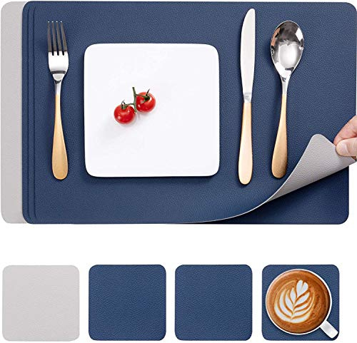 Myir JUN Manteles Individuales, Salvamanteles Manteles Lavables y Posavasos Mantel Individual Plastico de Doble Cara Antideslizant Mantel Individuales de PVC (Gris Azul, Juego de 4)