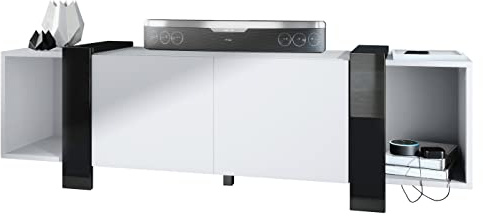 Vladon Lowboard Ida 149 x 45,5 x 34 cm TV-Board mit 4 Fächern und PTO-Türen, Made in Germany, Korpus in Weiß matt, Blenden in Schwarz Hochglanz | Große Farbauswahl