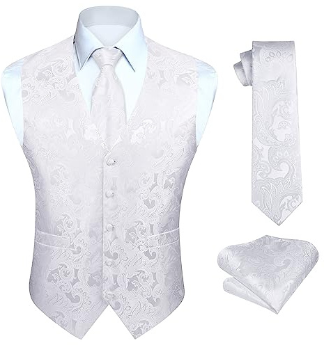 HISDERN Herren FLoral Hochzeit Weste Krawatte Einstecktuch Taschentuch Jacquard Weste Anzug Set