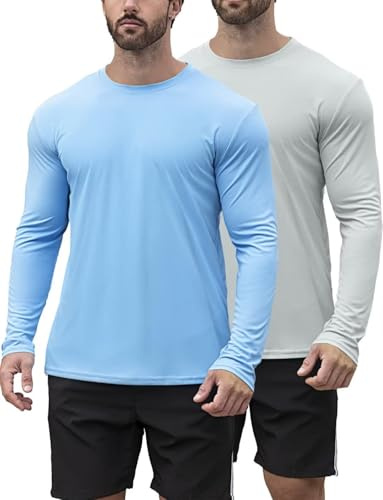 HOPLYNN 2 Pack Men's UPF 50+ Rash Guard and Quick-Dry Long Sleeves Shirts, Swim Surf Fishing Gear UV Sun Protection Shirts for Men Blue Grey Large