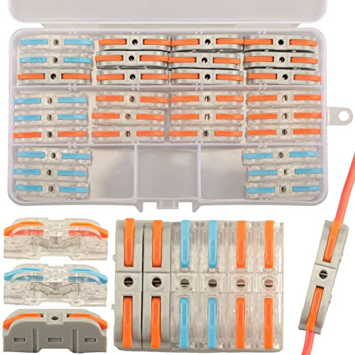 Feggizuli 30pcs Verbindungsklemmen mit Hebel Set, 1-zu-1-Inline-Steckklemmen Set, Kabel Verbinderklemmen, Elektrische Anschlussblöcke, Kupfer, Rot, Blau