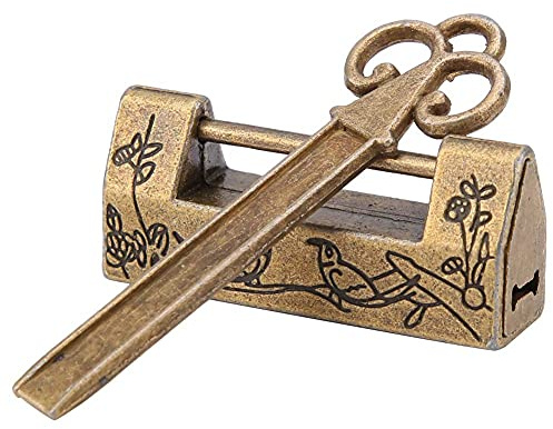 Vintage Vorhängeschloss, Mini chinesischen Stil traditionelle Elster Blume Vorhängeschloss Vintage Liebesschloss Schubladenschloss mit Schlüssel(Antike Messingfarbe)
