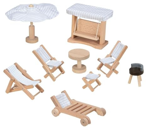 goki 51475 – Puppenmöbel Garten – 9-teiliges Set mit Schaukel, Grill und Sonnenschirm aus Holz für Puppenhäuser