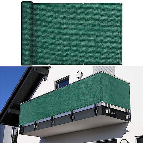 Balkon Sichtschutz Balkonabdeckung 115 x 1000 cm Reißfest UV-Schutz atmungsaktiv Balkonumspannungen blickdichte mit Ösen und Kordel für Balkon Zaun Terrassen Garten, Grün
