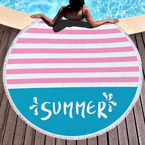KnSam 150x150cm Strandtuch, Mikrofaser Badetuch Rund Streifen Summer Muster, Badetücher Duschtücher Schnelltrocknend, für Reise Urlaub Schwimmen, Blau Rosa Weiß(150x150cm)