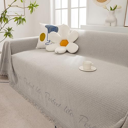 Mesnt Sofabezug 1 Sitzer, Chenille Wohndecke als Sofadecke, Couch Überwürf, Sofa Überzug Einfarbig mit aufgedruckten Buchstaben und Quaste Grau, 180x150CM