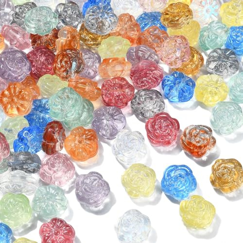 Stiesy 100 pezzi di perline di rosa, perline di vetro a forma di fiore, perline trasparenti fatte a mano in murano, perline di fiori di pesco per creazione di gioielli fai da te, collane, bracciali