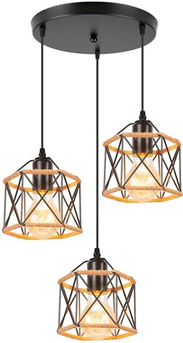 PETITES ECREVISSES Lampara Techo Colgante 3 luces Retro Industrial Luz de Techo Colgante e Cuerda de Cáñamo Iluminación Colgante Vintage Industrial Lámpara para Cocina Comedor Dormitorio