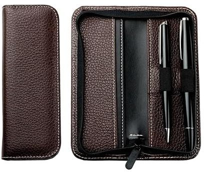 DELMON VARONE - Personalisierbares Schreibgeräte Etui Soft Grain Leder braun - Echtleder Stifteetui mit Reißverschluss für 2 Schreibgeräte, Federetui für hochwertige Kugelschreiber & Füller