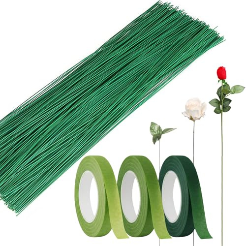 3 Rollen Floristenband, 100Pcs 30cm Blumendraht Floristik Kreppband Floristikdraht Grün Steckdraht, Floristenkrepp Krepppapier für Blumen, Maibaum, Basteln, DIY Dekoration, 27m/Rolle