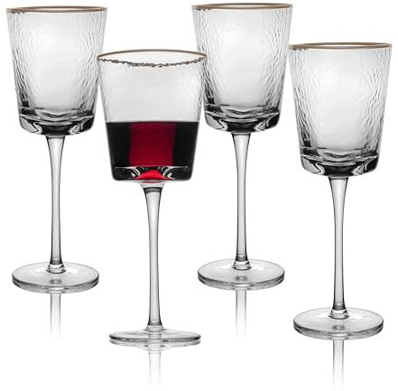 Copas de vino con borde dorado, juego de 4 a 10 onzas, copas de vino martilladas de forma triangular con borde dorado, copas de vino elegantes, copas de vino vintage martilladas, bonitas copas de vino