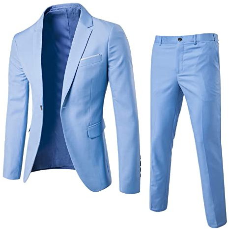 Traje de lino para hombre - 2 piezas - Para la playa, las bodas - Informal - Para el verano, el blazer - Pantalón moderno y deportivo - Para ocio, fiestas, bodas - Chaqueta blazer, azul, XXL