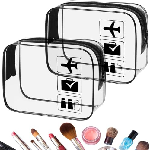 2PCS Trousse de Toilette Transparente,PVC Étanche Trousse de Maquillage, Trousse Toilette Femme Homme Voyage, Kit Voyage Avion,Sac de Rangment pour Voyage Avion Transparente Maquillage, Noir