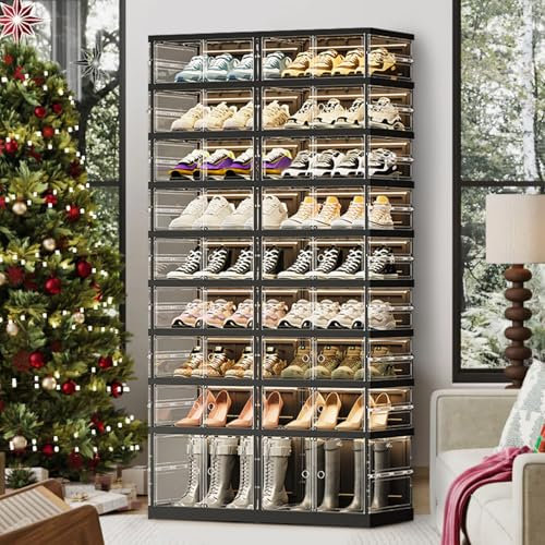 ELPHECO Organizador de zapatos plegable con puertas, 9 niveles, 36 pares, estante de almacenamiento transparente para armario, cajas de almacenamiento apilables para zapatos, armario grande para