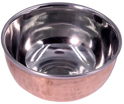 THE Unltd India Tazón de cobre y acero inoxidable, cuenco indio hecho a mano para decoración de mesa, olla martillada duradera para curry, arroz, plato principal (diámetro: 11 cm)