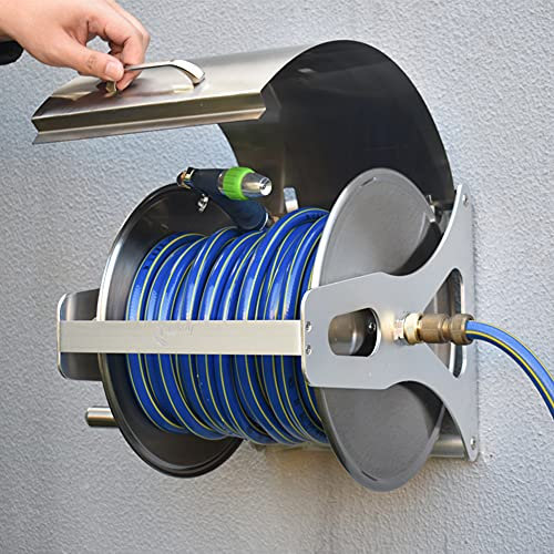 Robustes, tragbares Wandschlauchtrommel-Set, Outdoor-Schlauchhalter, Aufbewahrung mit flexiblem 25 m Gummischlauch, Haus-/Gartenschlauch-Aufbewahrungslösung