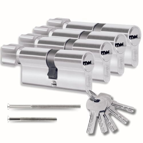 Lot de 4 cylindres 40/40 mm avec bouton – 8 vis – 10 clés incluses – Montable facilement – Clé universelle pour tous les cylindres – Longueur 80 mm