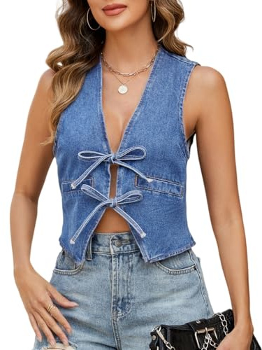 Ladyful Womens Denim Vest V Neck Bow Tie Front Shirt Jean Vest Sleeveless Lightweight Summer Sexy Waistcoat Top
