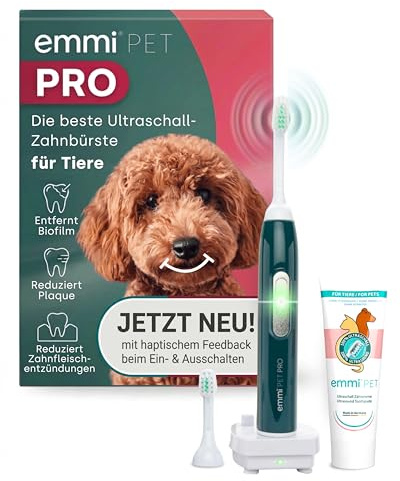 emmi-pet PRO 2.0 Ultraljudstandborste för hundar och katter – tyst elektrisk tandborste för husdjur – tandrengörare – 12-dagars batteri – tandsten och plakatstöd
