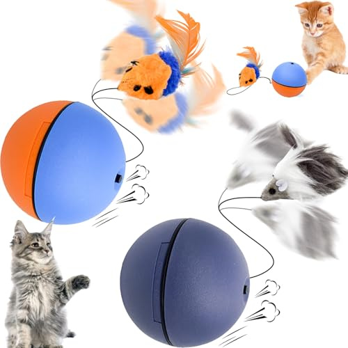 YOUYIKE 2 Stück Katzenball Interaktives Elektrisch Automatisch Katzenspielzeug Ball mit Schnur & Falscher Maus Selbstrollender Spielzeug Ball Cat Chase Running Toy für Hund