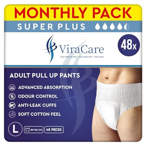 48 x Super Plus Incontinence Pants Women & Men | Adults Nappies | Advanced Absorption and Soft-Stretch Waistband | Adults Pull Up Pants | Waist Size Large 80-156 cm | (4 Packs of 12)