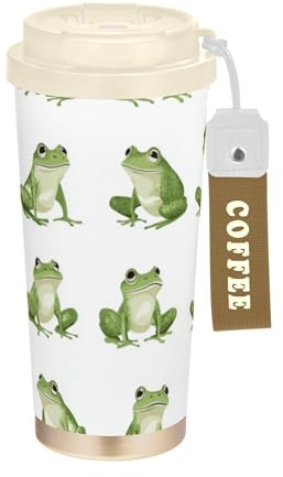 Vasos de café de viaje para mujer con tapas, tazas de café de acero inoxidable para llevar para bebidas frías y calientes, 17 onzas, a prueba de derrames, dibujos animados, rana divertida, color