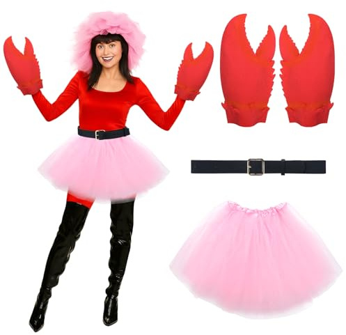 Mepase Power Trio Women Costume Set Lobster Crab Claw Gloves Black PU Belt Pink Tutu Skirt for Halloween Cosplay Dress-Up