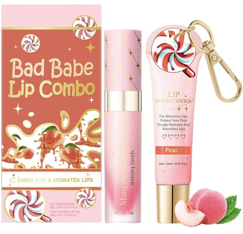 Lip Conditioner & Lip Oil Set, Natural Moisturizing Lip Care Duo Set, Hydrating Lip Gloss Balm Repair, Lipgloss Balm For Dry and Chapped Lips, Gifts For Teenage Girls (#2 Peach)