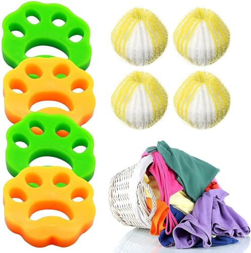 4 quitapelos + 4 bolas para lavadora, para hogares con mascotas, cuidado de ropa y eliminación de pelos en lavado, atrapa pelos lavadora, quita pelos mascota