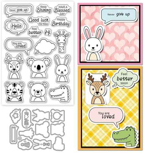 GLOBLELAND Cartoon Tiere Tägliche Grüße Silikonstempel und Stanzformen Set Chat-Blasen Klare Stempel Und Stanzformen Set Für Kartenherstellung DIY Craft Scrapbooking Grußkartendekoration
