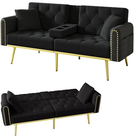 EMKK Schlafsofa Couch mit Tassenhalter, Rückenlehne Neigbar, Großer Liegefläche, Klappbares 2 Sitze Samt Bettsofa fürs Wohnzimmer/Schlafzimmer/Heimkino/Gästezimmer (Schwarz)