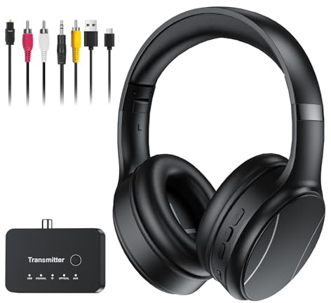 RETRADEKING Auriculares Inalámbricos para TV, Auriculares Bluetooth y 2.4G de Modo Dual con Caja Transmisora, 5 Preajustes de Ecualizador con Diálogo Claro, Cascos para TV o Viajar, Negro