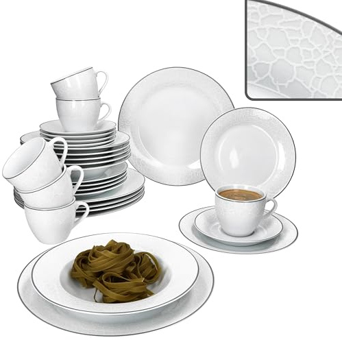 MamboCat Venedig Service combiné 30 pièces I Vaisselle en porcelaine blanche I 6 personnes I 6 tasses, soucoupes, assiettes à gâteau, soupe et assiettes plates I Relief aspect galets