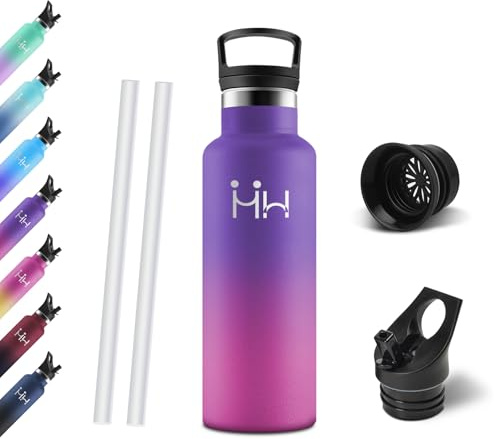 Motswedi Botella Agua, 500 ml Libre de BPA, Botella Termica, Con Pajita y 2 Tapas, Cantimplora, 18/8 Acero Inoxidable, Botellas Isotermica para Scuole, Uso Quotidiano - Morado intenso&rojo rosa