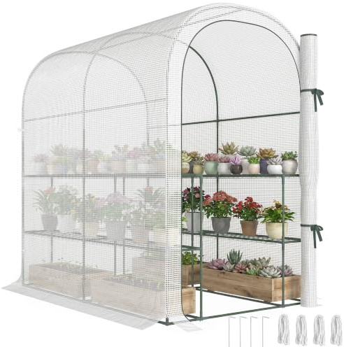 Outsunny Serre de Jardin avec Étagères 123 x 187 x 189 cm Bâche PE Blanc | Petite Serre avec Porte Enroulable, Haute Densité 140 g/m², Prolongée de 10 cm